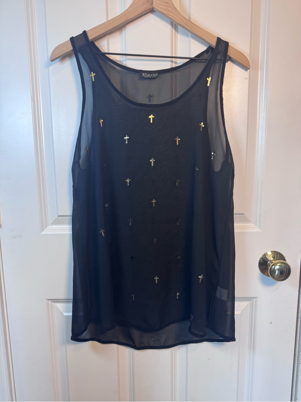 Vocal Black Sheer Tank w/ Gold Crosses Goth, Going out Top, Concert, Festival